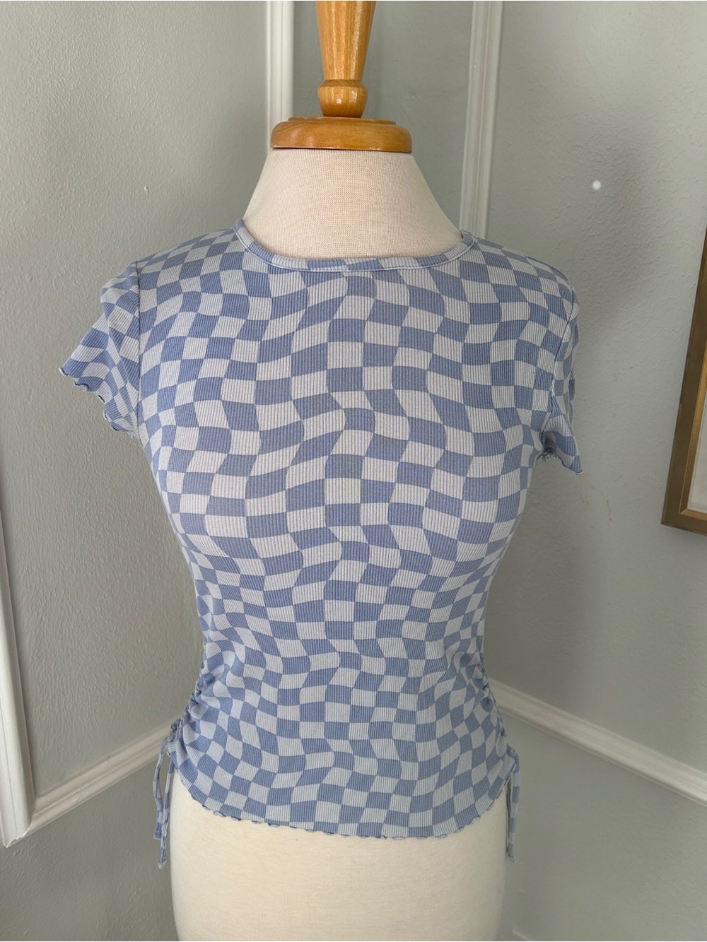 Checkerboard Ribbed Knit Tee - Light Blue/White